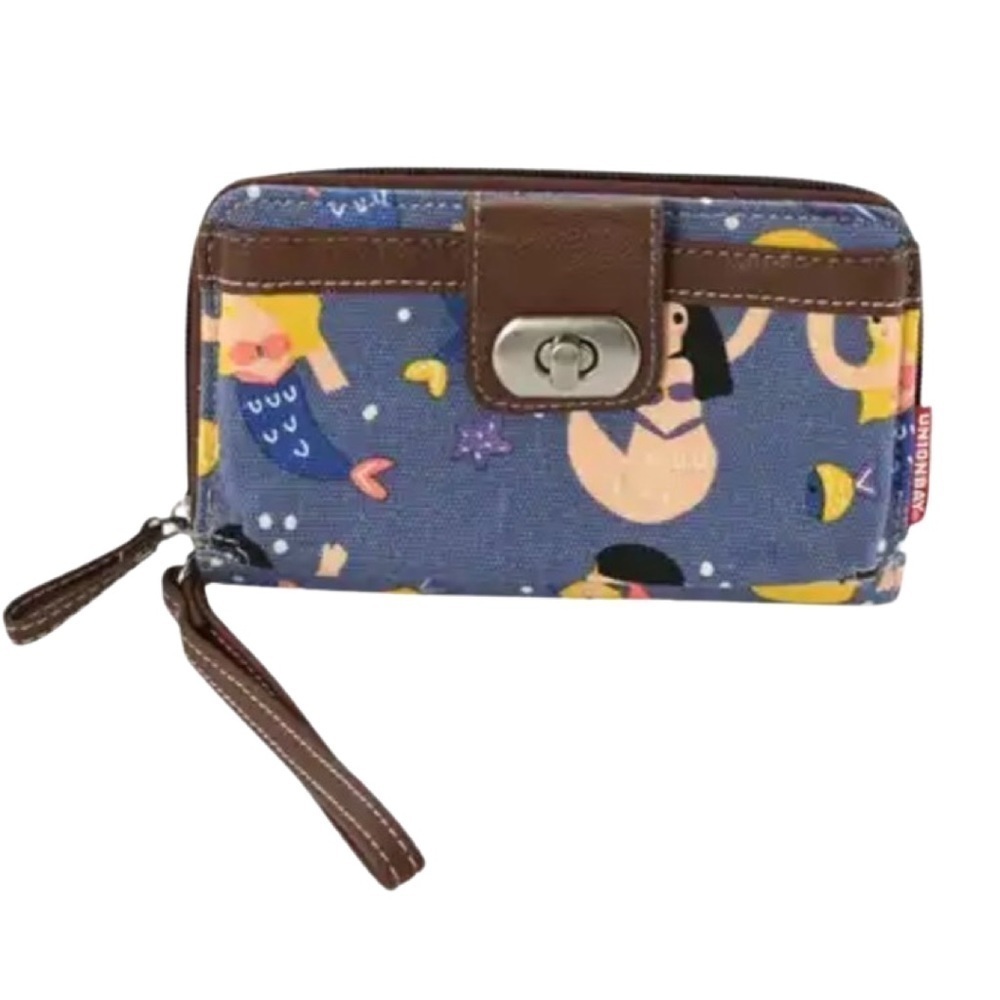 Navy Mermaid Print Design Canvas Wristlet Wallet